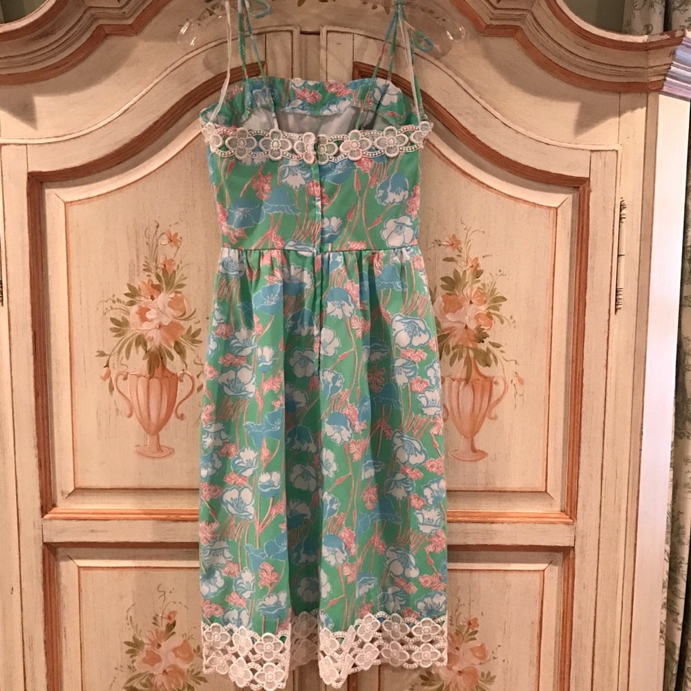 Vintage Lilly Pulitzer Green Floral Midi Dress with White Lace Trim - Picture 3 of 6